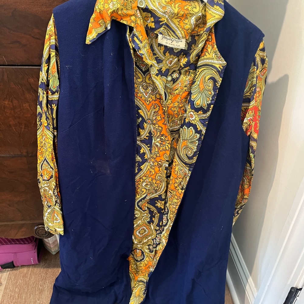 Vintage Paisley Shirt Dress with Blue Vest